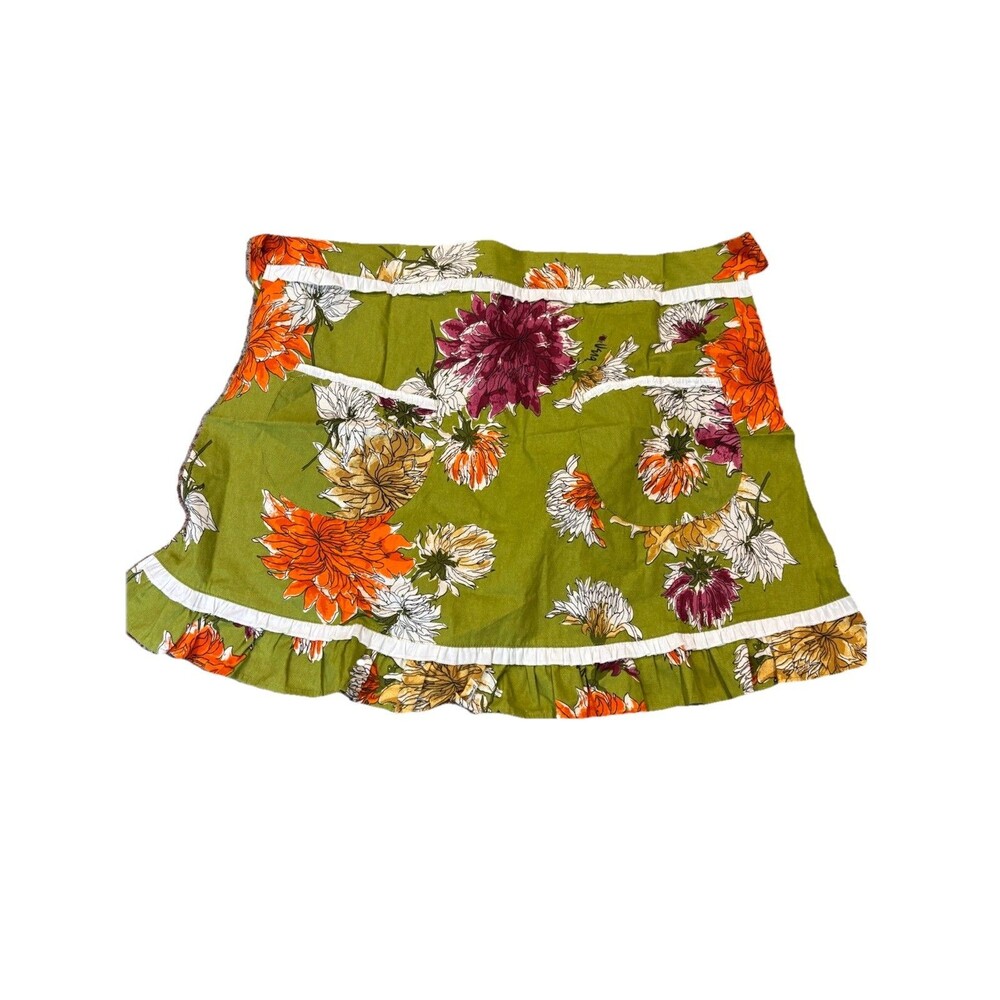 Vintage Vera Neumann Floral Wrap Apron Green Orange Ruffle Mod Hostess